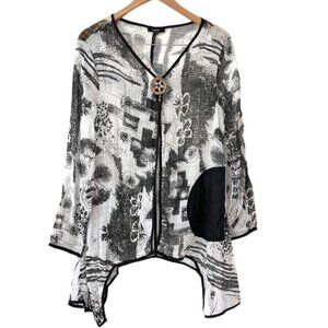 Kaktus Black White Abstract Print Cotton Linen Top Sheer Long Sleeve Blouse XL